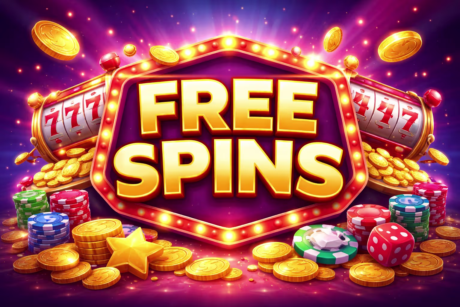 Online casino free spins bonus illustration showing slot reels and promotional design