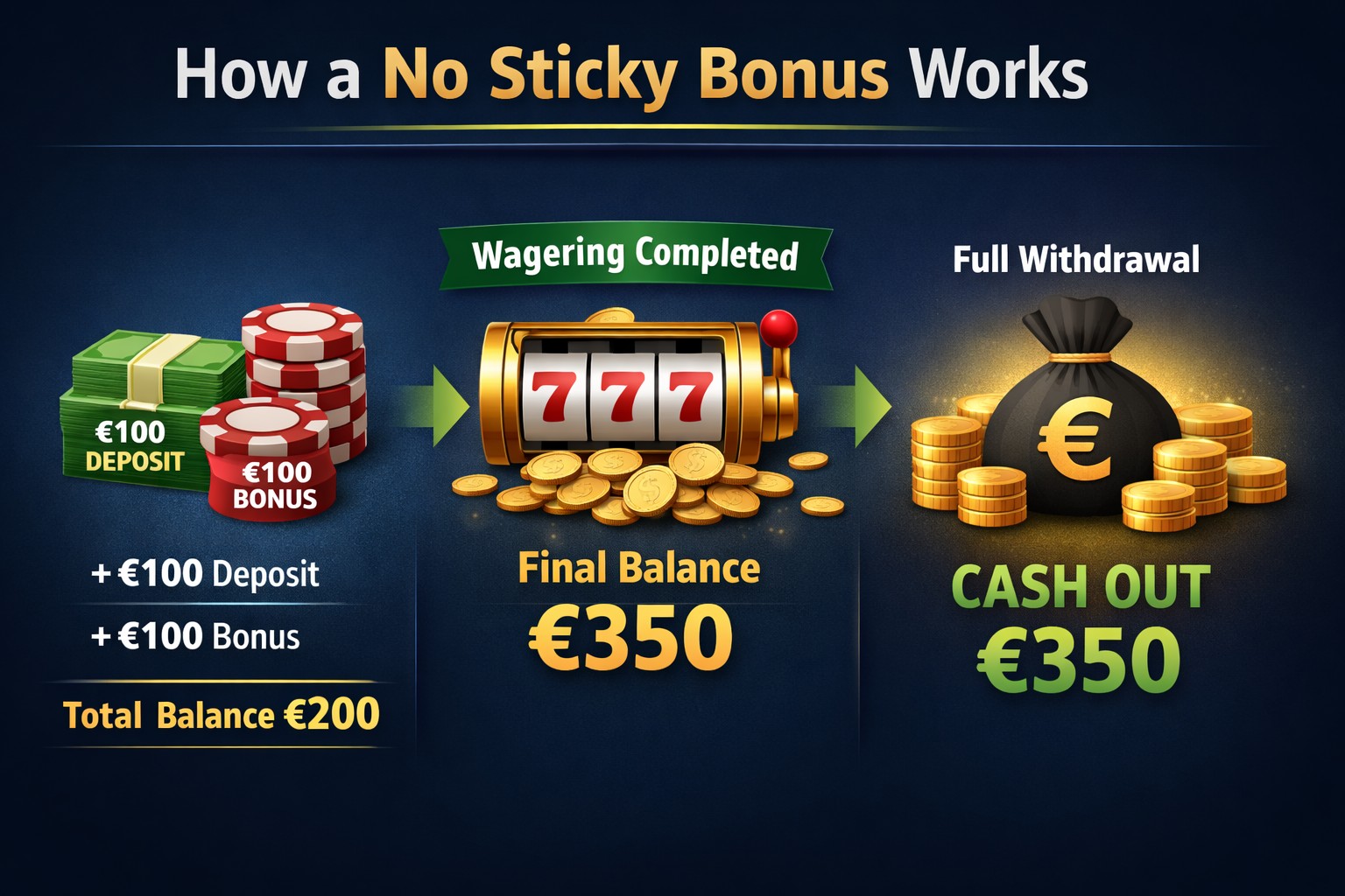 No sticky casino bonus example showing deposit and full withdrawal