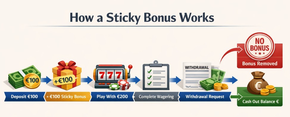 Sticky casino bonus example showing deposit, bonus balance, wagering completion and withdrawal deduction