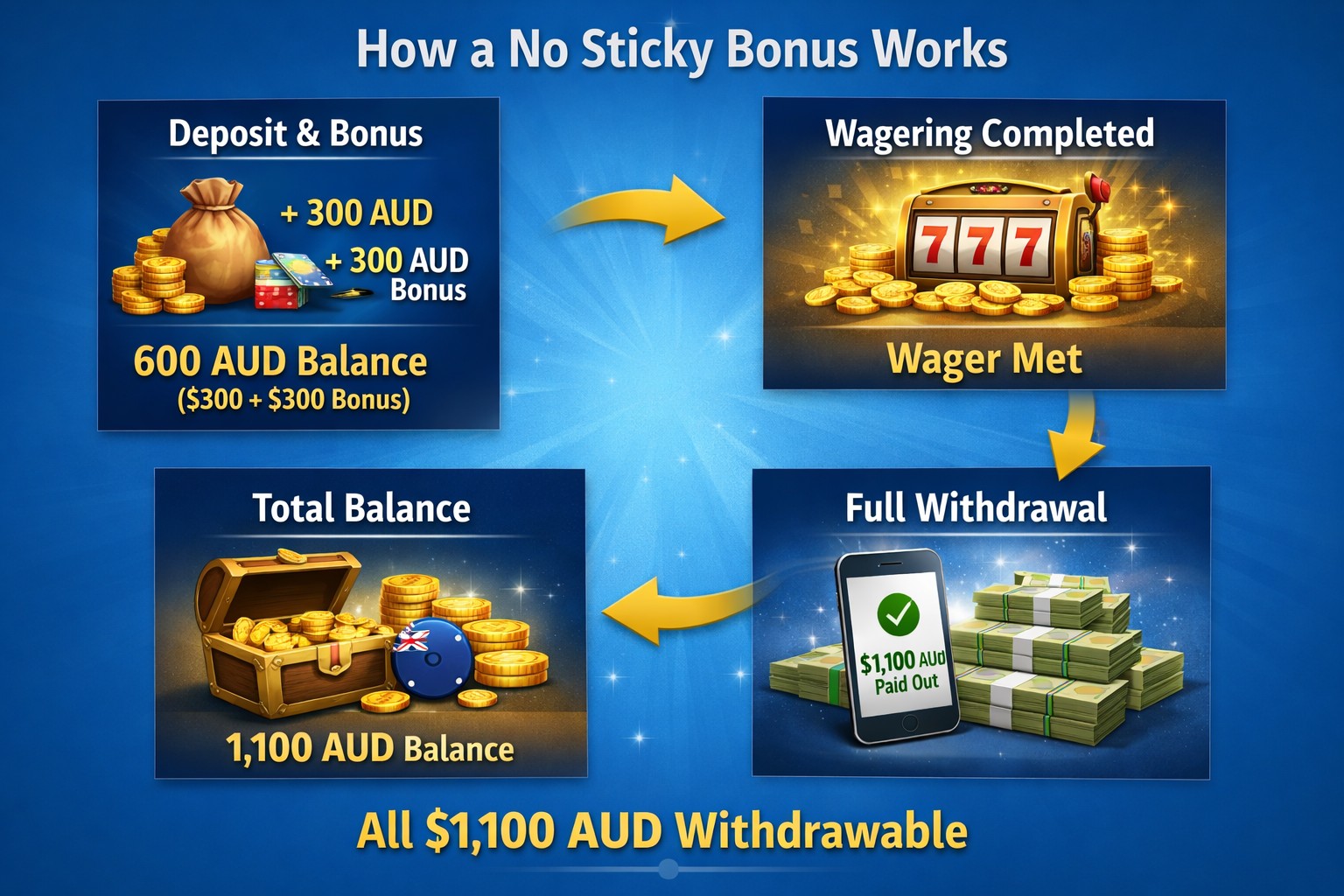 No sticky casino bonus example showing deposit, bonus balance, wagering completion and full withdrawal in AUD