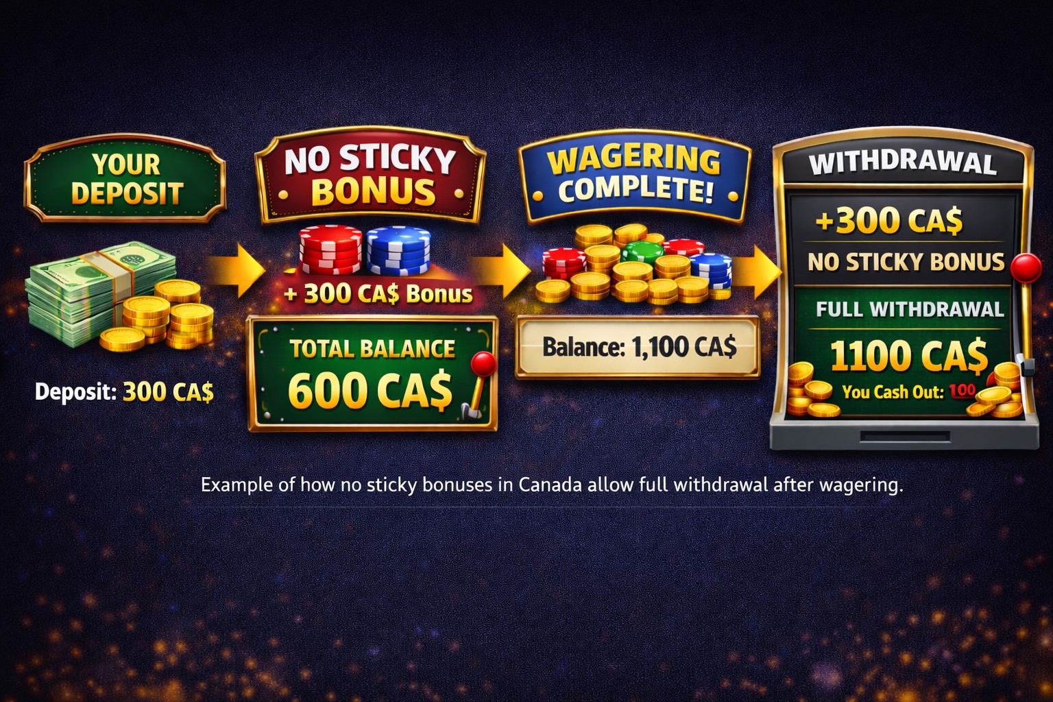 No sticky casino bonus example showing deposit, bonus balance, wagering completion and full withdrawal in CAD