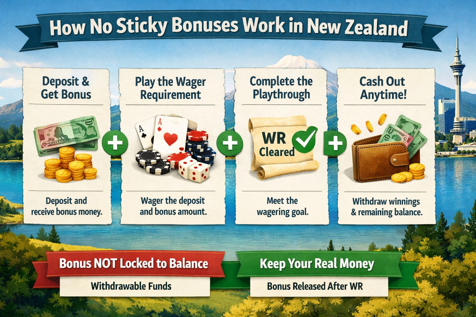 Example showing deposit, bonus, wagering requirement and full withdrawal in NZD