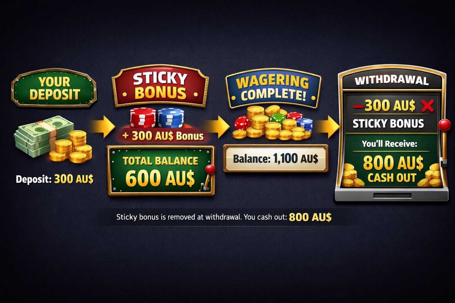Sticky casino bonus example showing deposit, bonus balance, wagering completion and withdrawal deduction