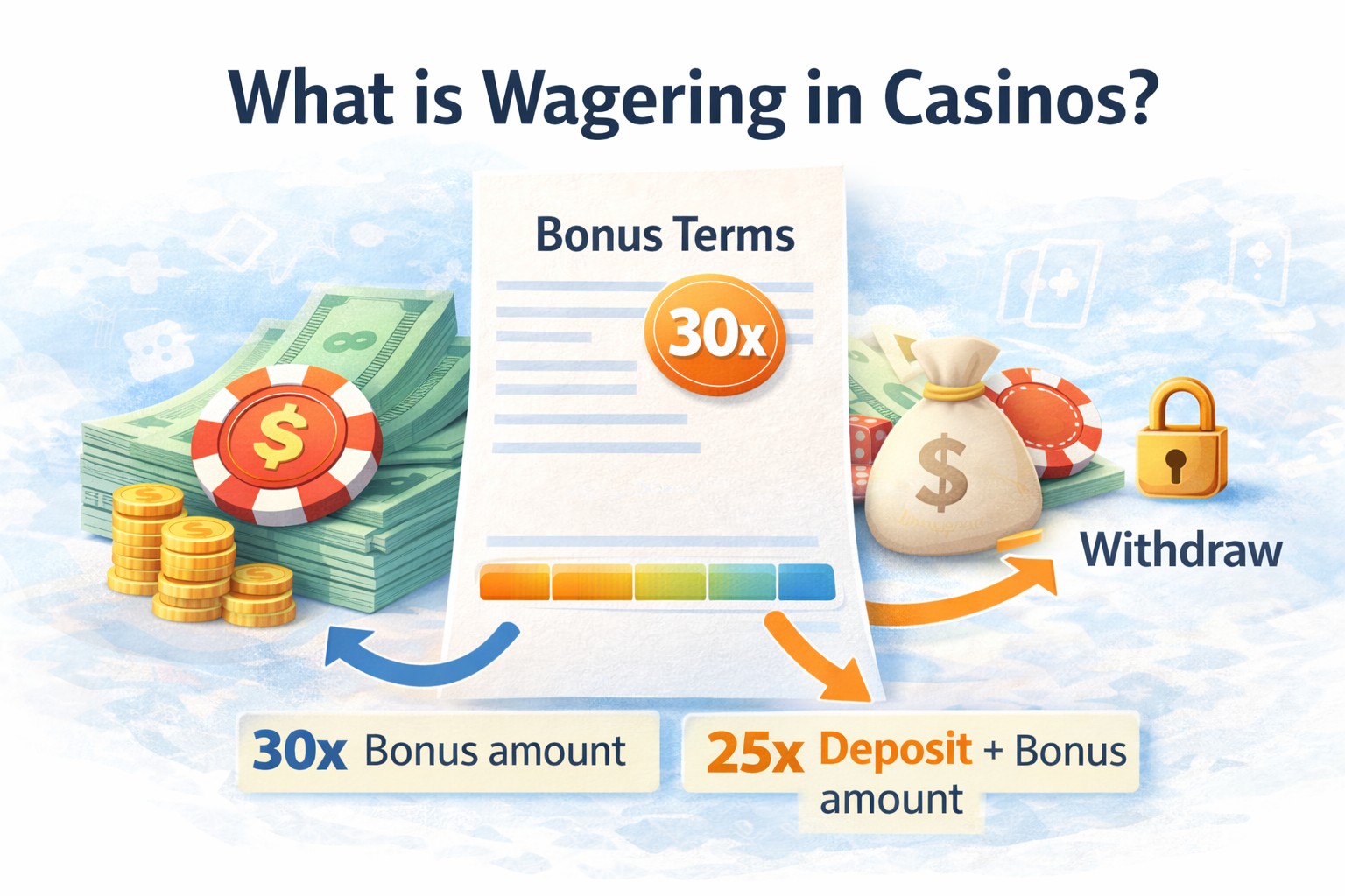 Visual explanation of wagering requirements showing 30x bonus amount and 25x deposit plus bonus structure before withdrawal