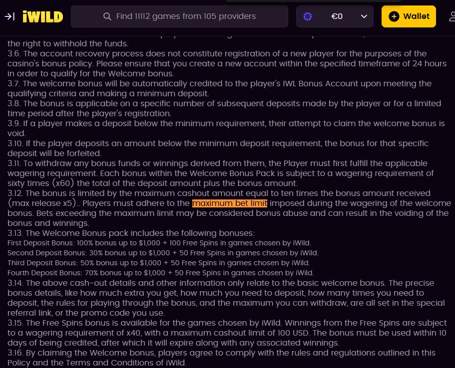 Bonus terms mentioning a max bet rule without stating the exact limit