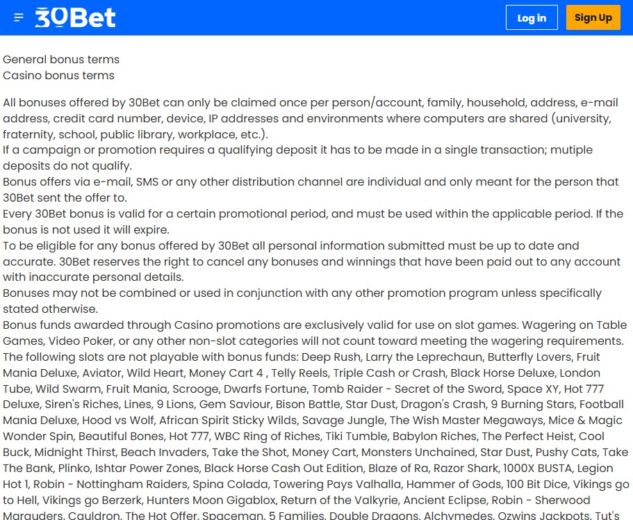 Casino bonus terms page showing structured wagering rules