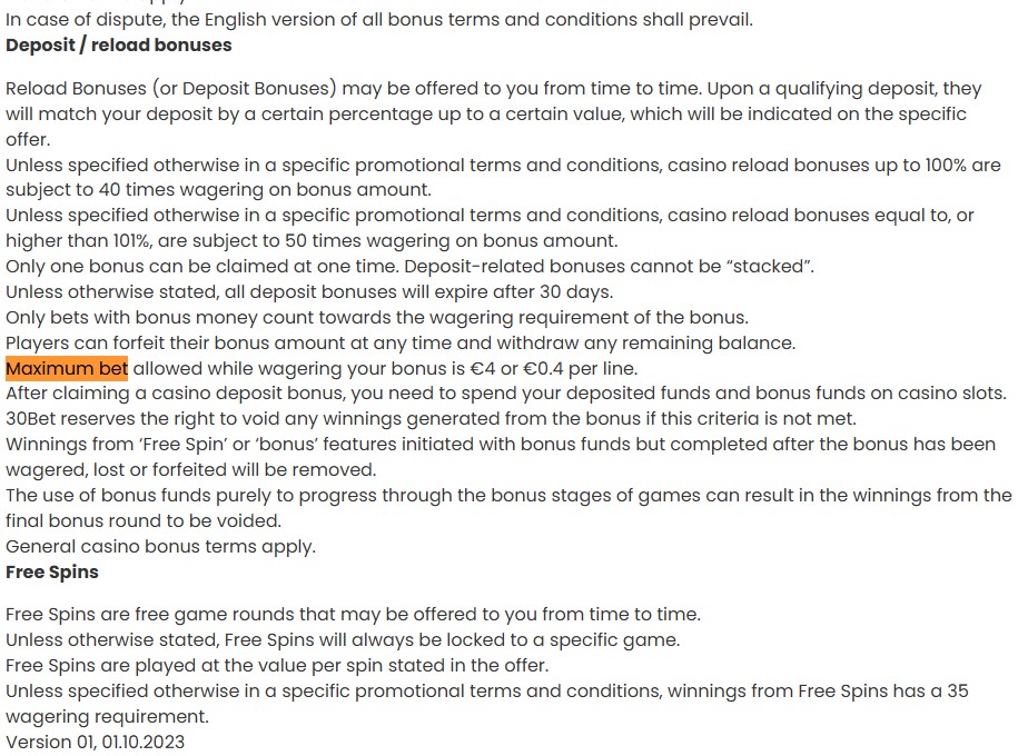 Bonus terms clearly stating a €4 maximum bet per spin
