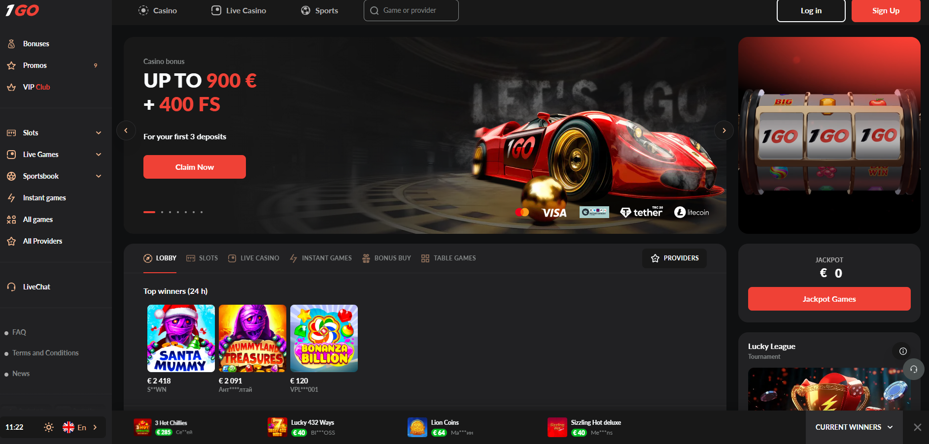 1GO Casino screenshot: Homepage