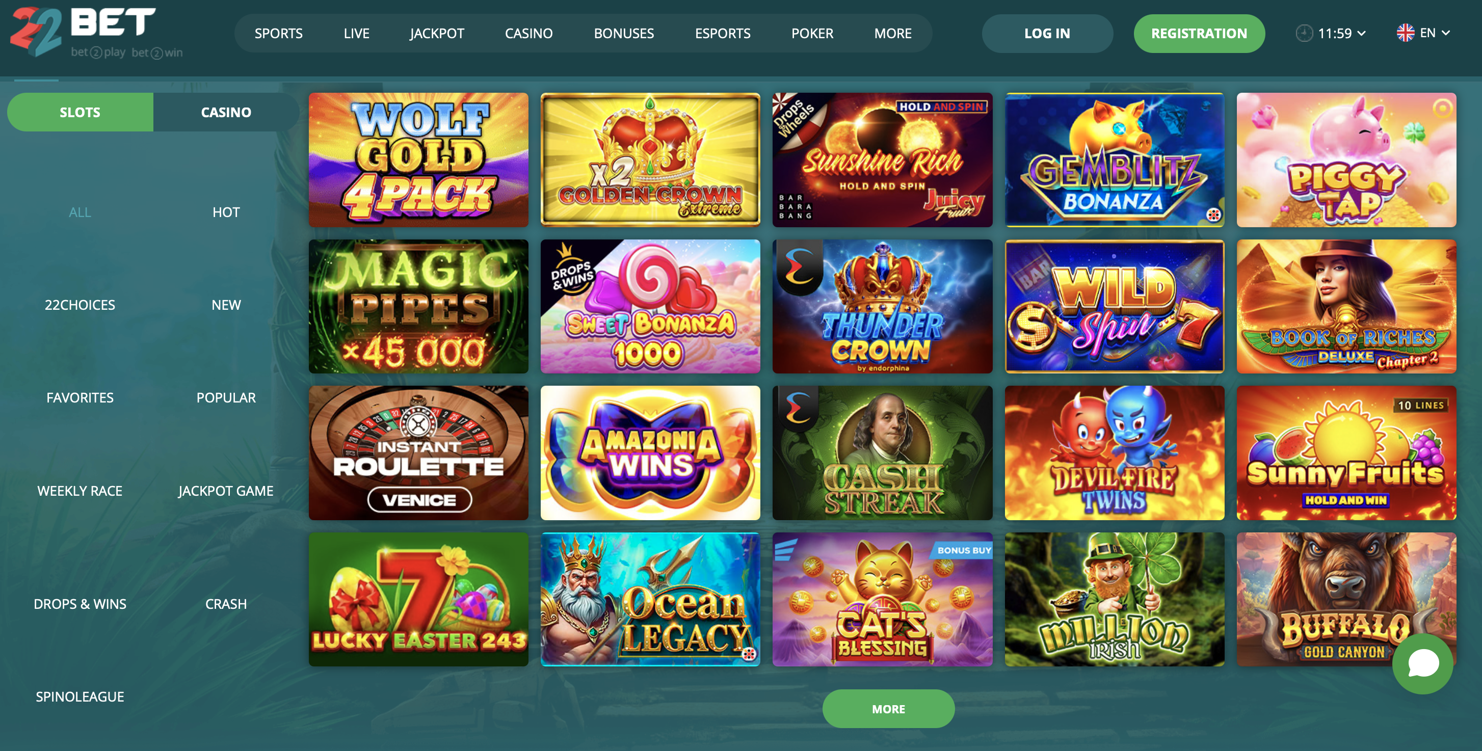 22Bet Casino screenshot: Slots