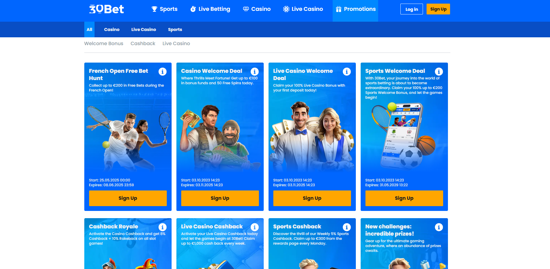 30Bet screenshot: Promotions