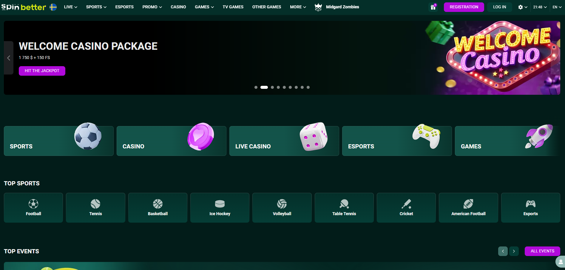 Spinbetter Casino screenshot: Homepage
