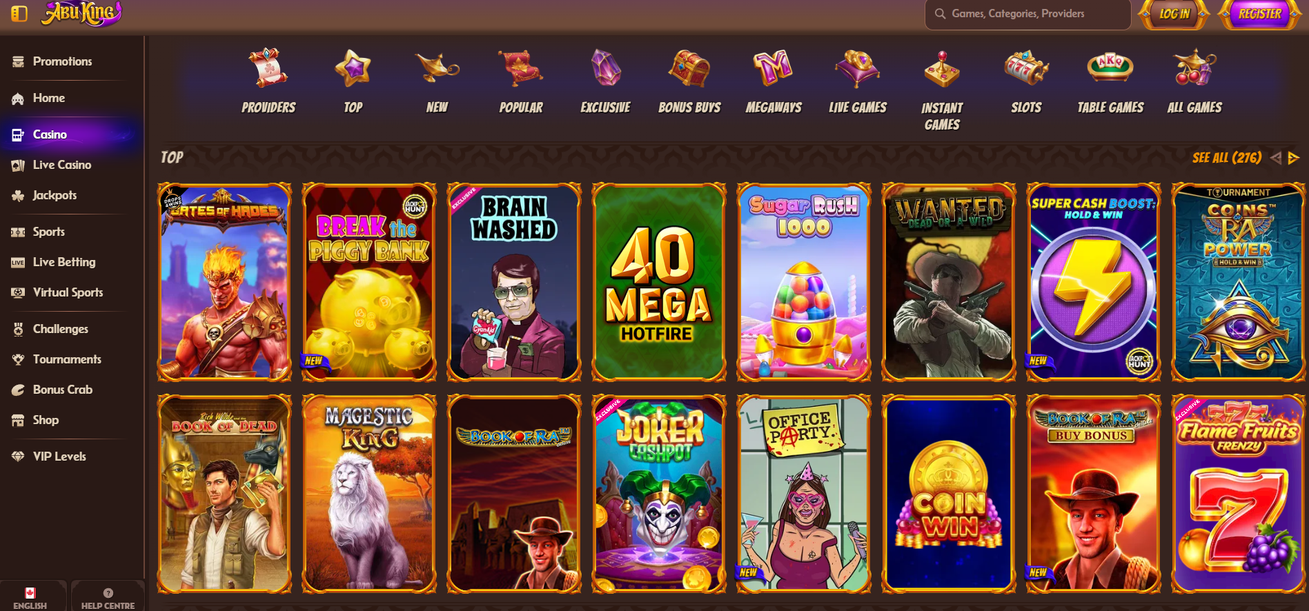 AbuKing Casino screenshot: Homepage