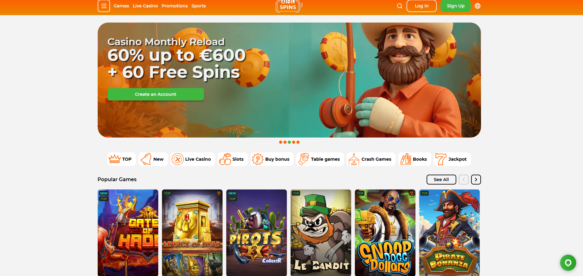 Allspins screenshot: Homepage