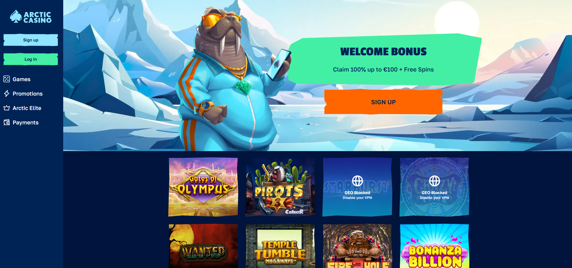 Arctic Casino screenshot: Homepage