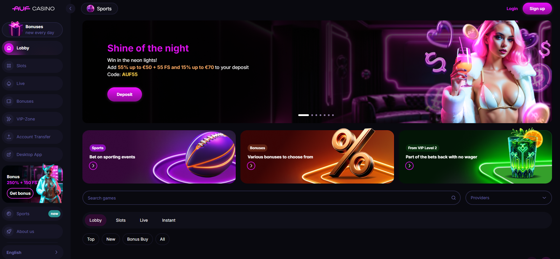 Auf Casino screenshot: Homepage