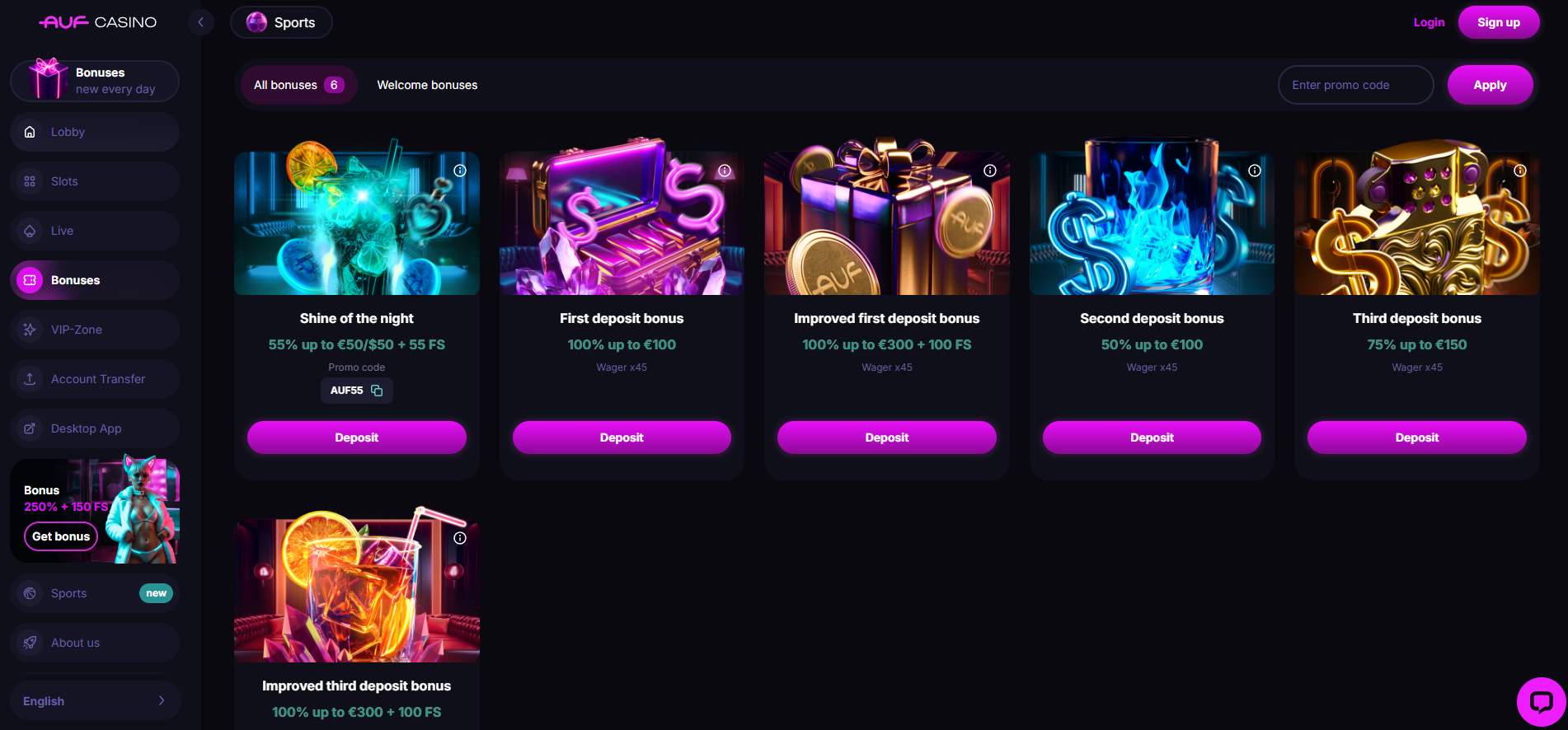Auf Casino screenshot: Promotions