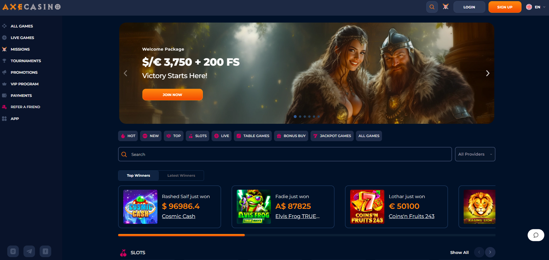 Axe Casino screenshot: Homepage