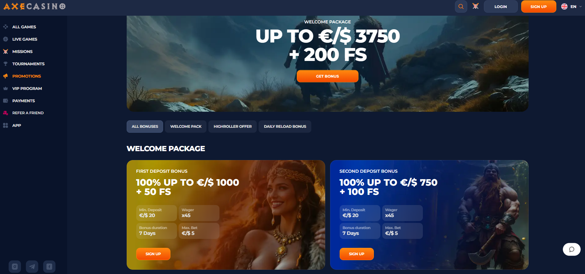 Axe Casino screenshot: Promotions