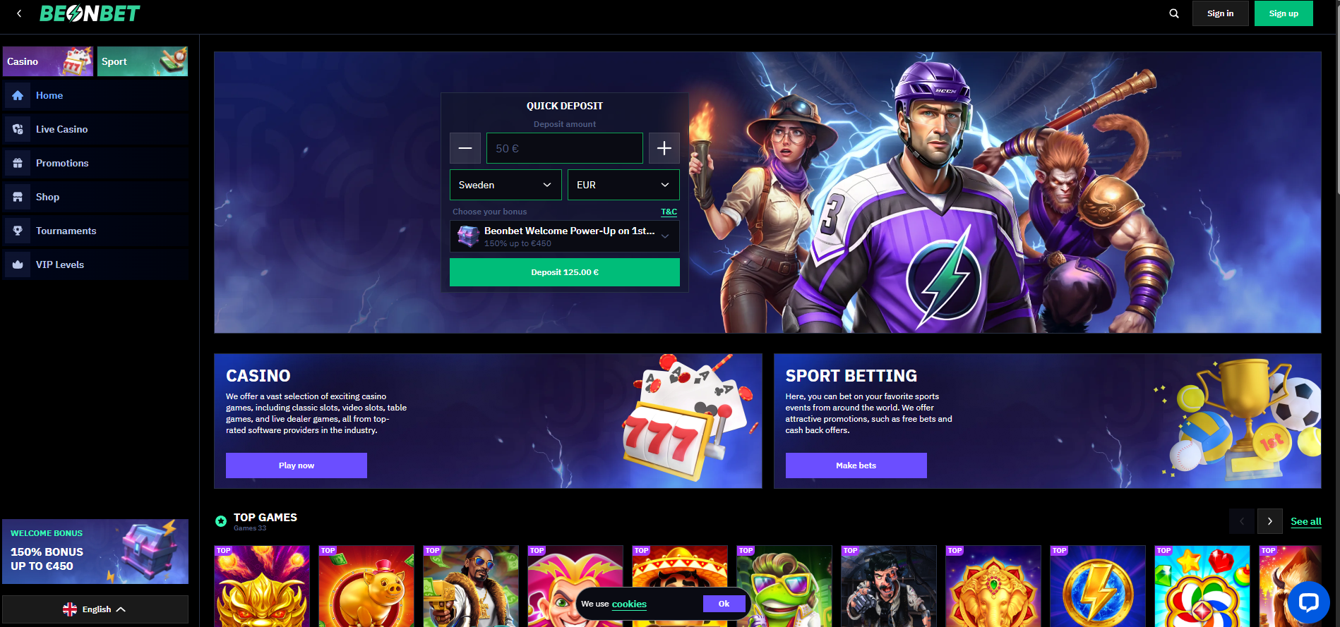 BeonBet Casino screenshot: Homepage
