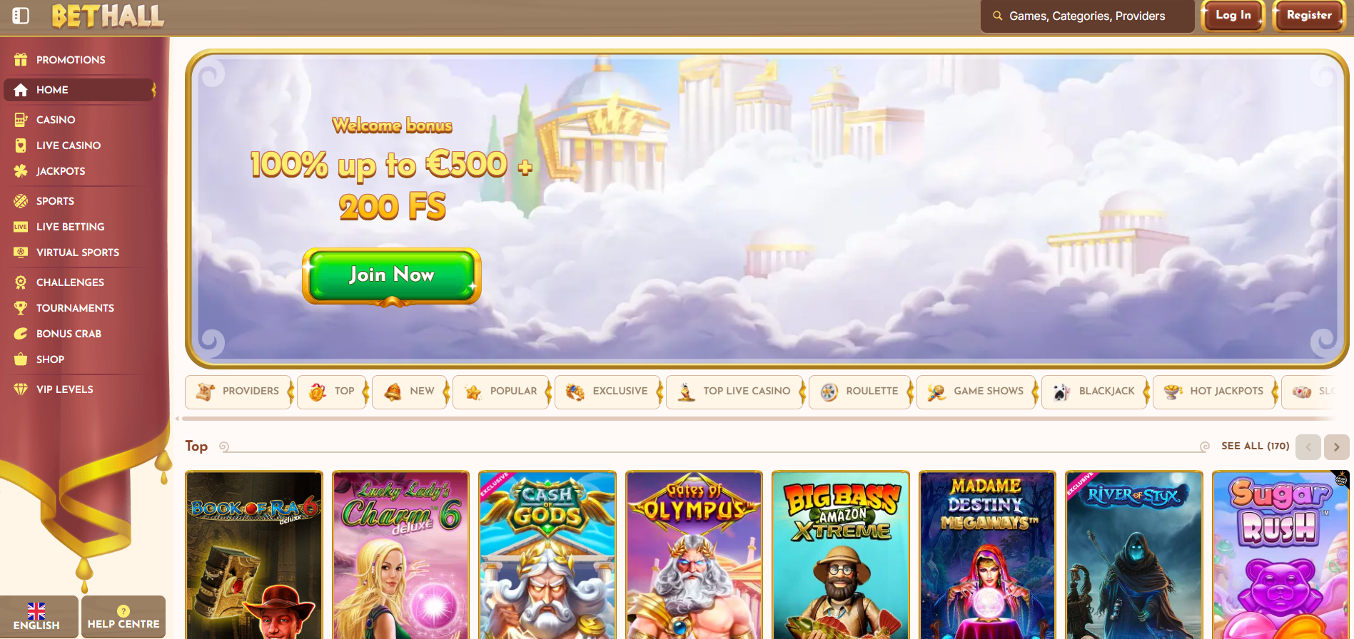 BetHall screenshot: Homepage