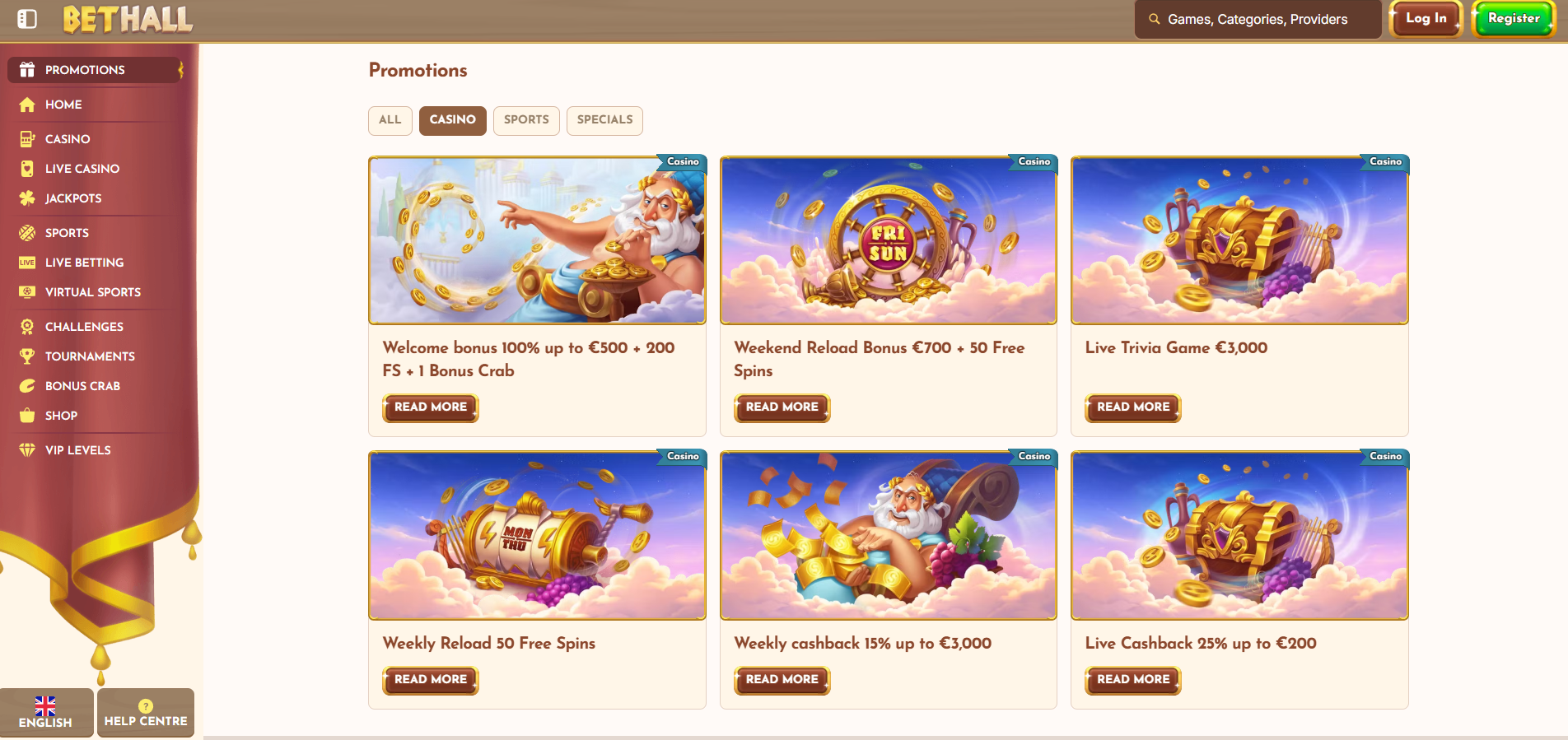 BetHall screenshot: Promotions