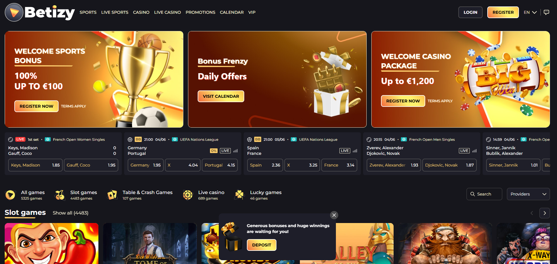 Betizy screenshot: Homepage