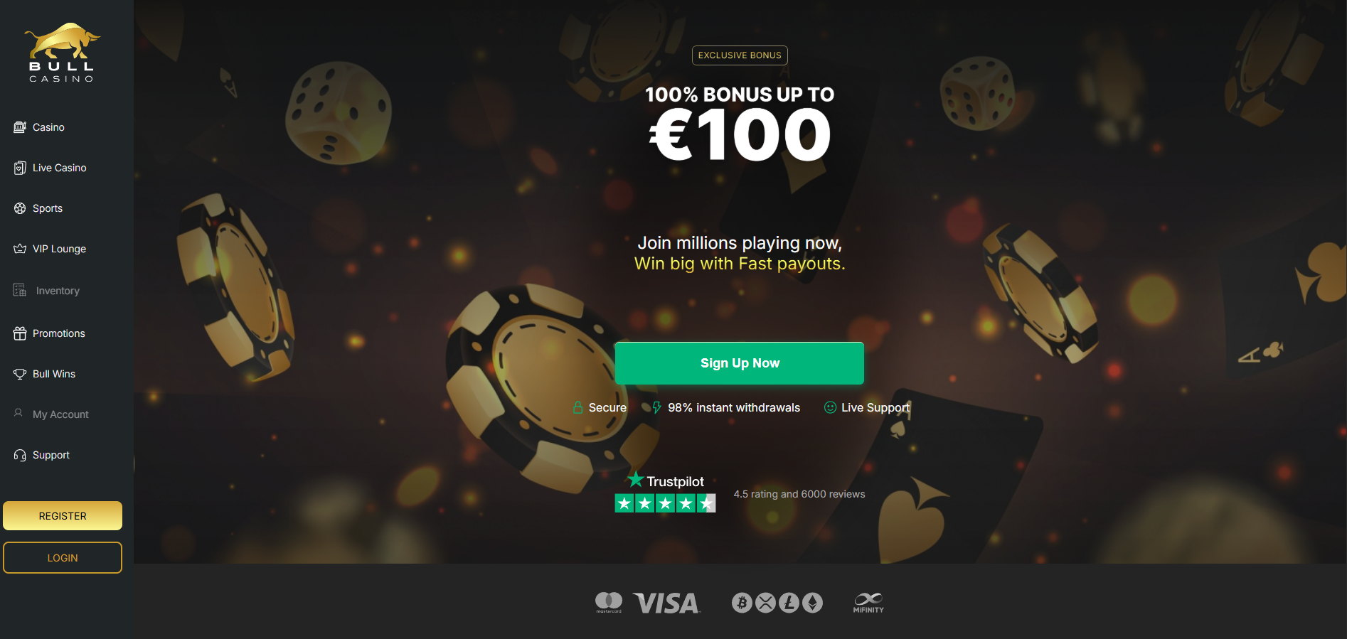 Bull Casino screenshot: Homepage