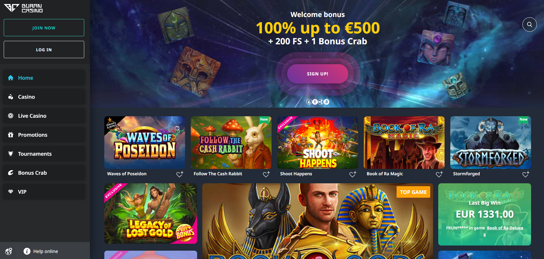 BuranCasino screenshot: Homepage