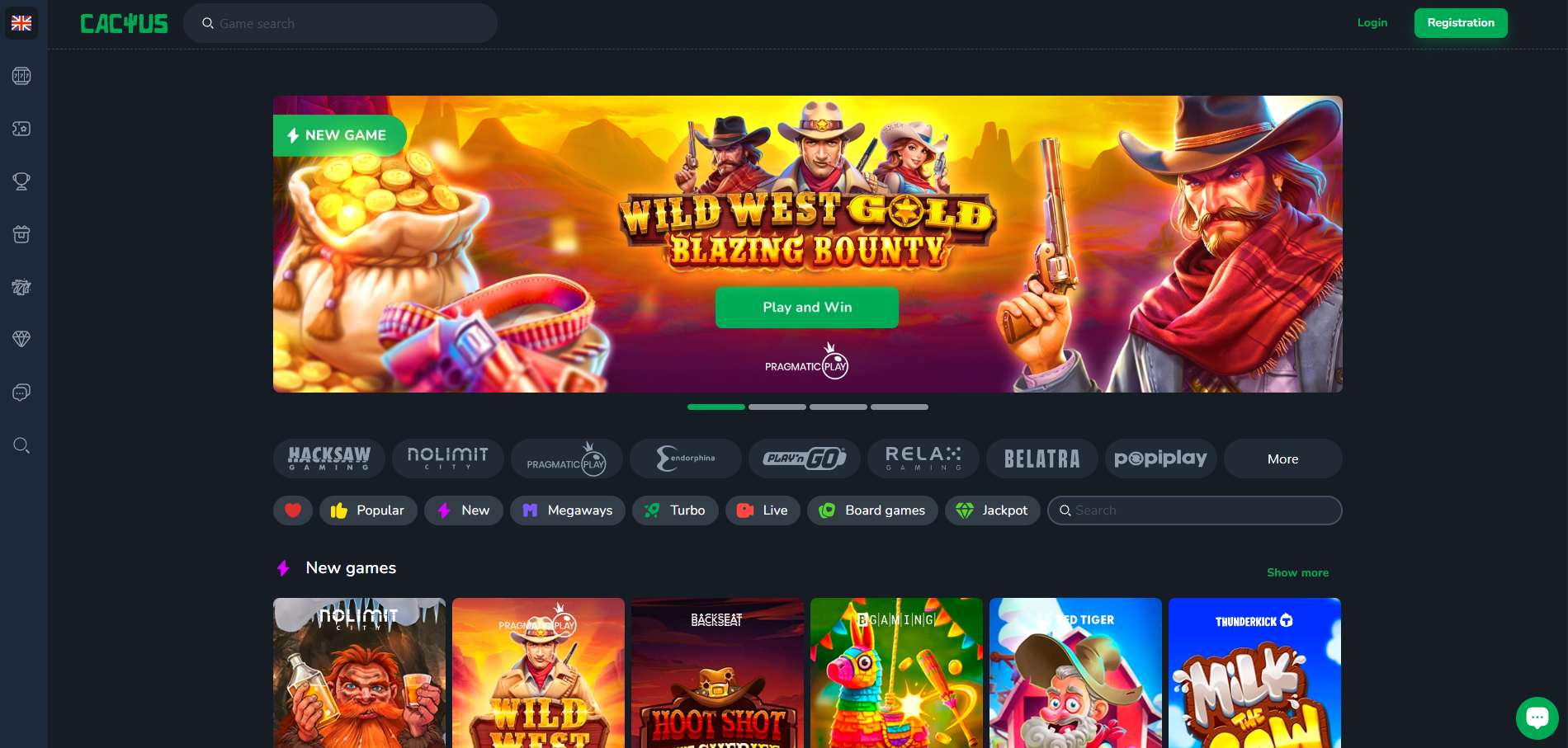 Cactus Casino screenshot: Homepage