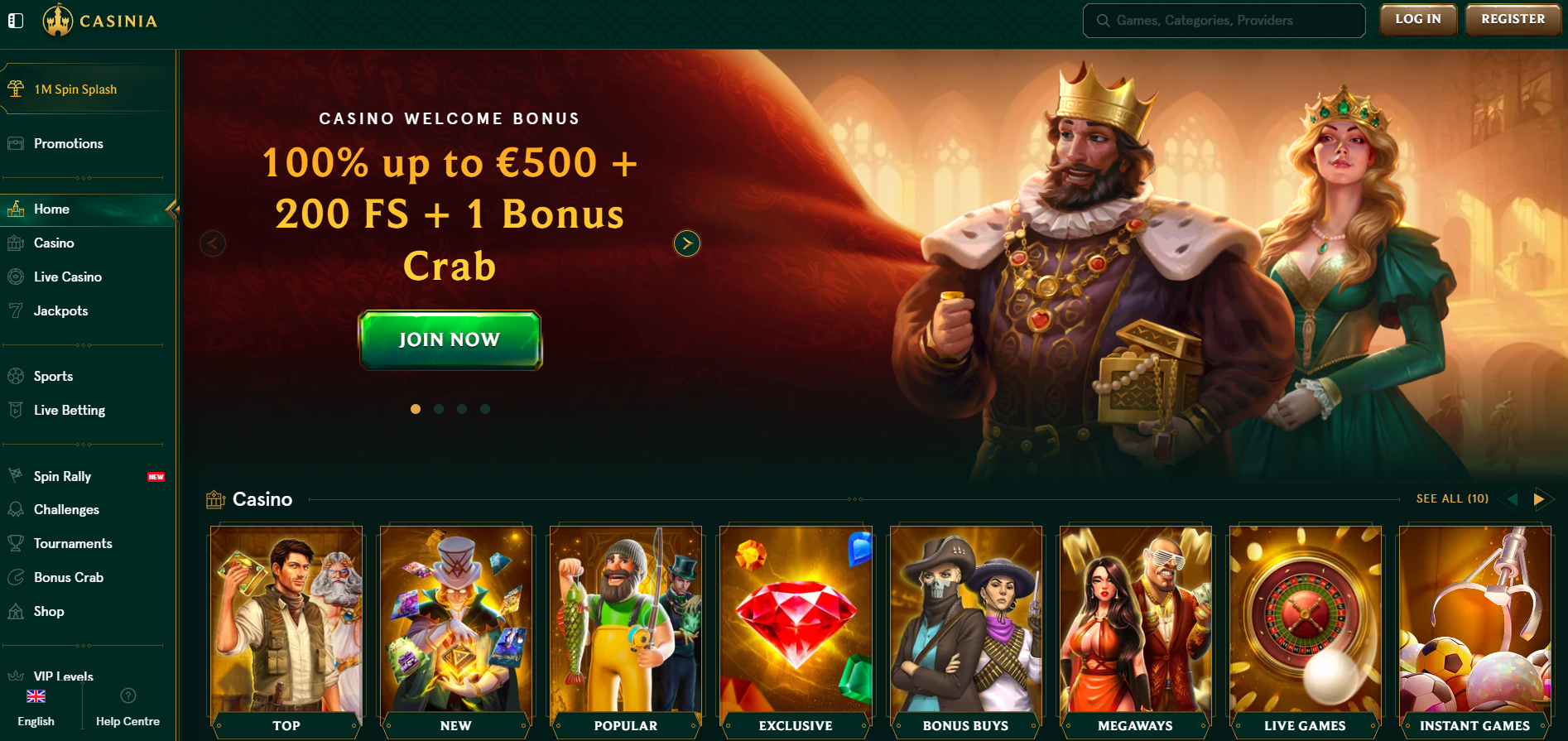 Casinia Casino screenshot: Homepage