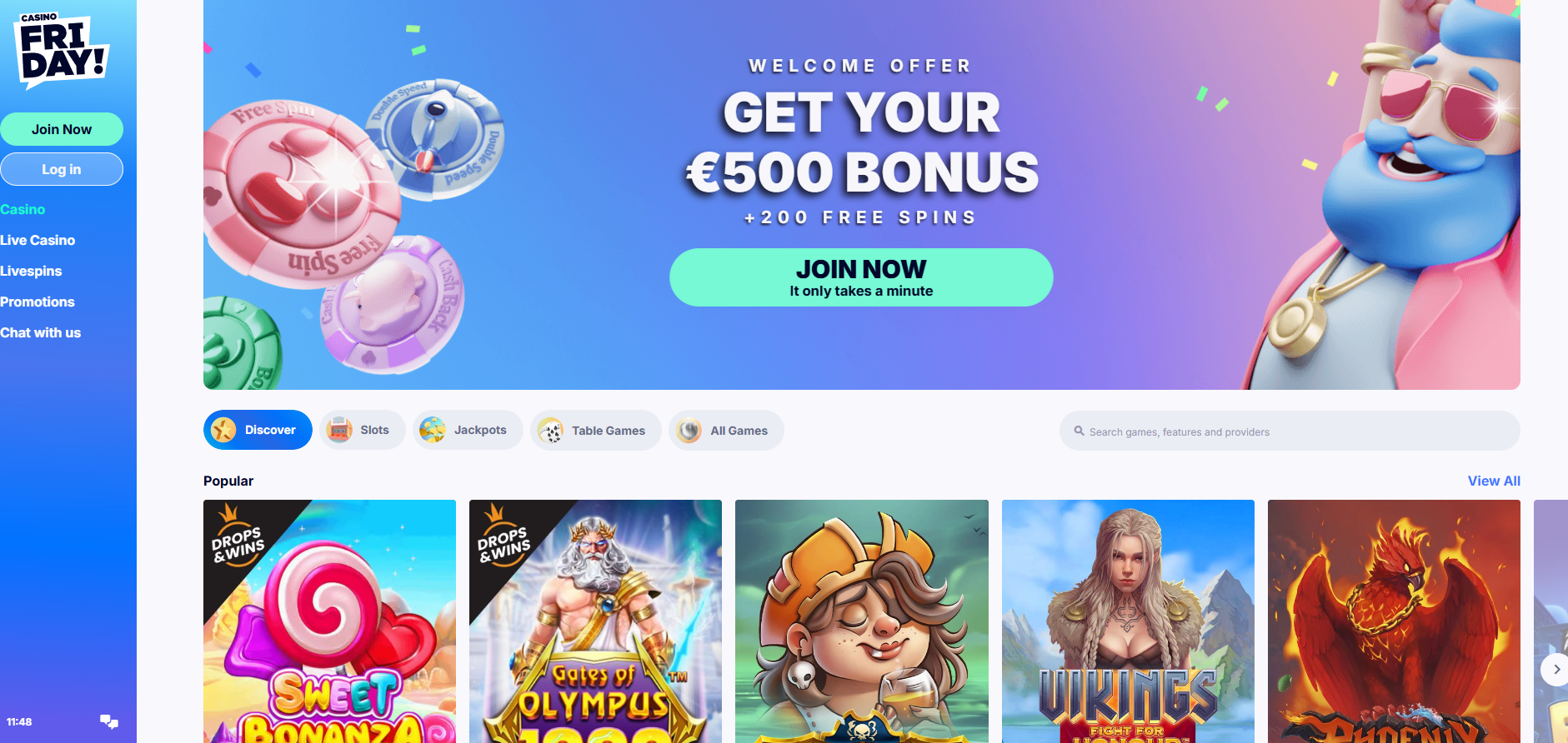 CasinoFriday screenshot: Homepage