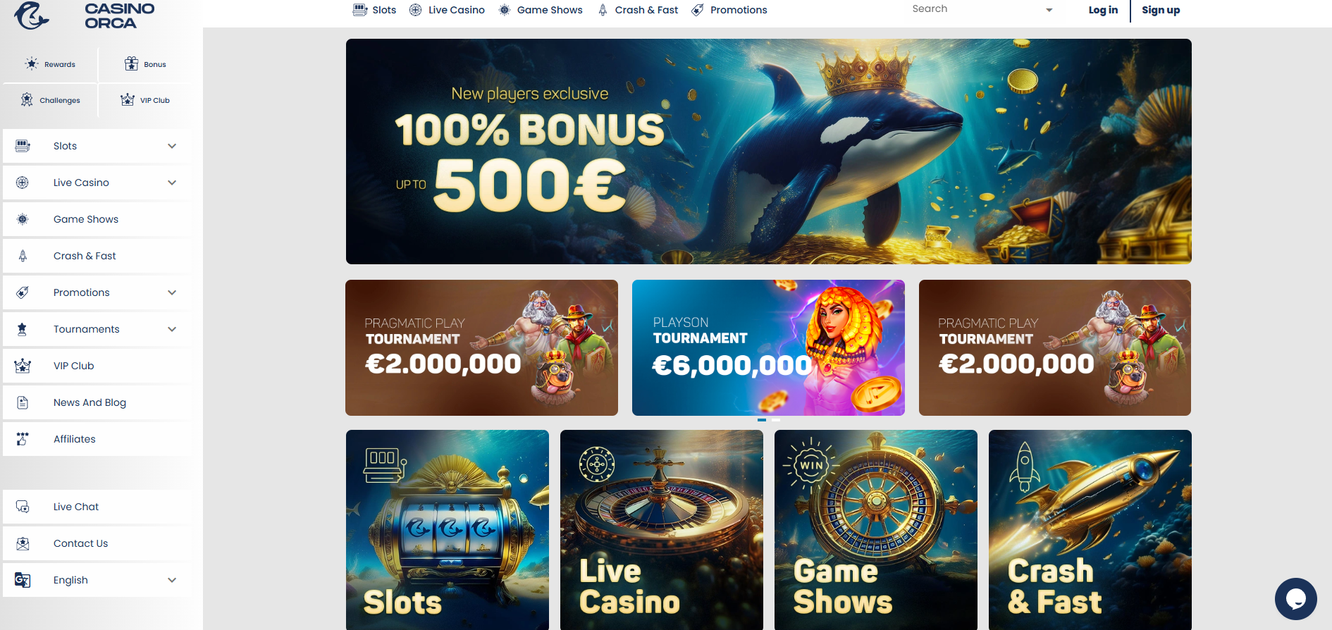 Casino Orca screenshot: Homepage