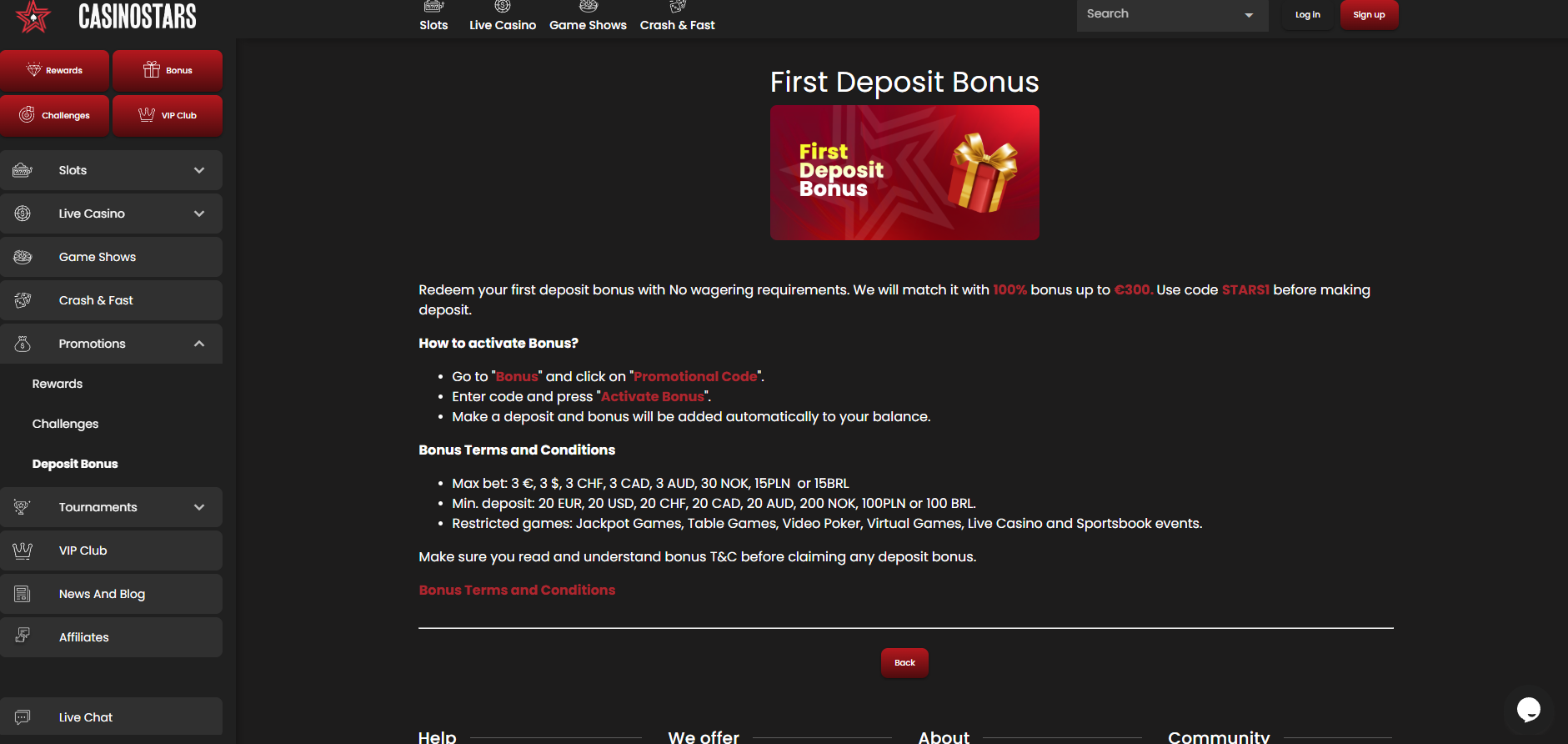 Casino Stars screenshot: Promotions