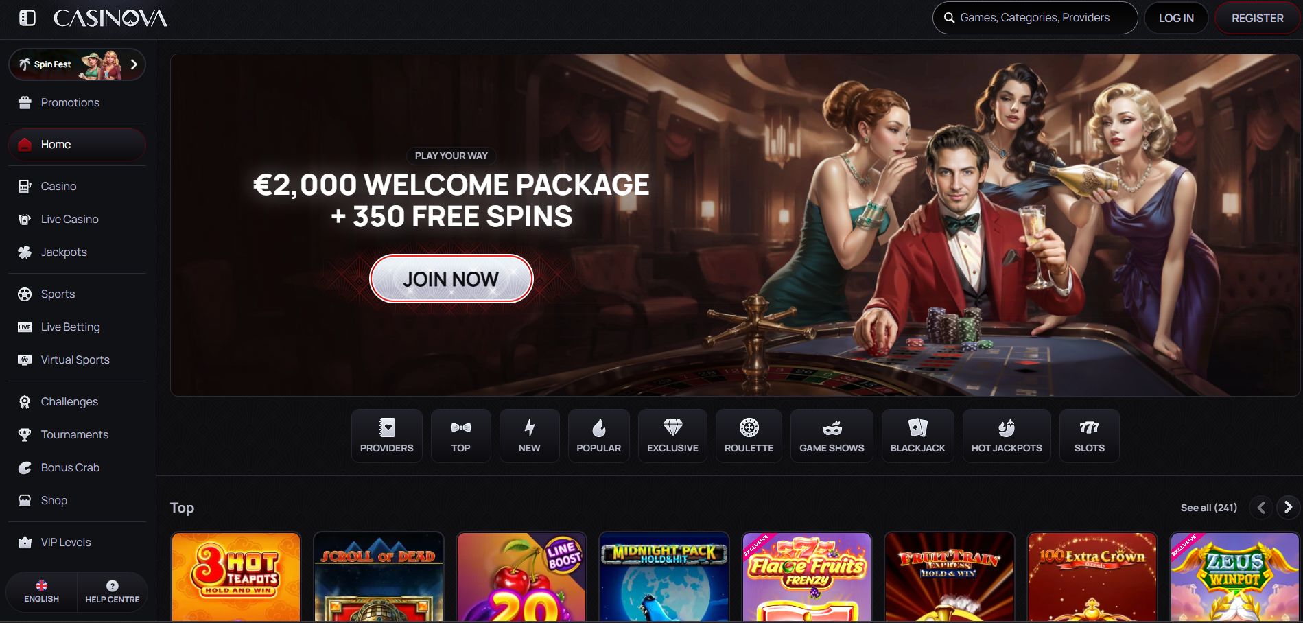 Casinova Casino screenshot: Homepage