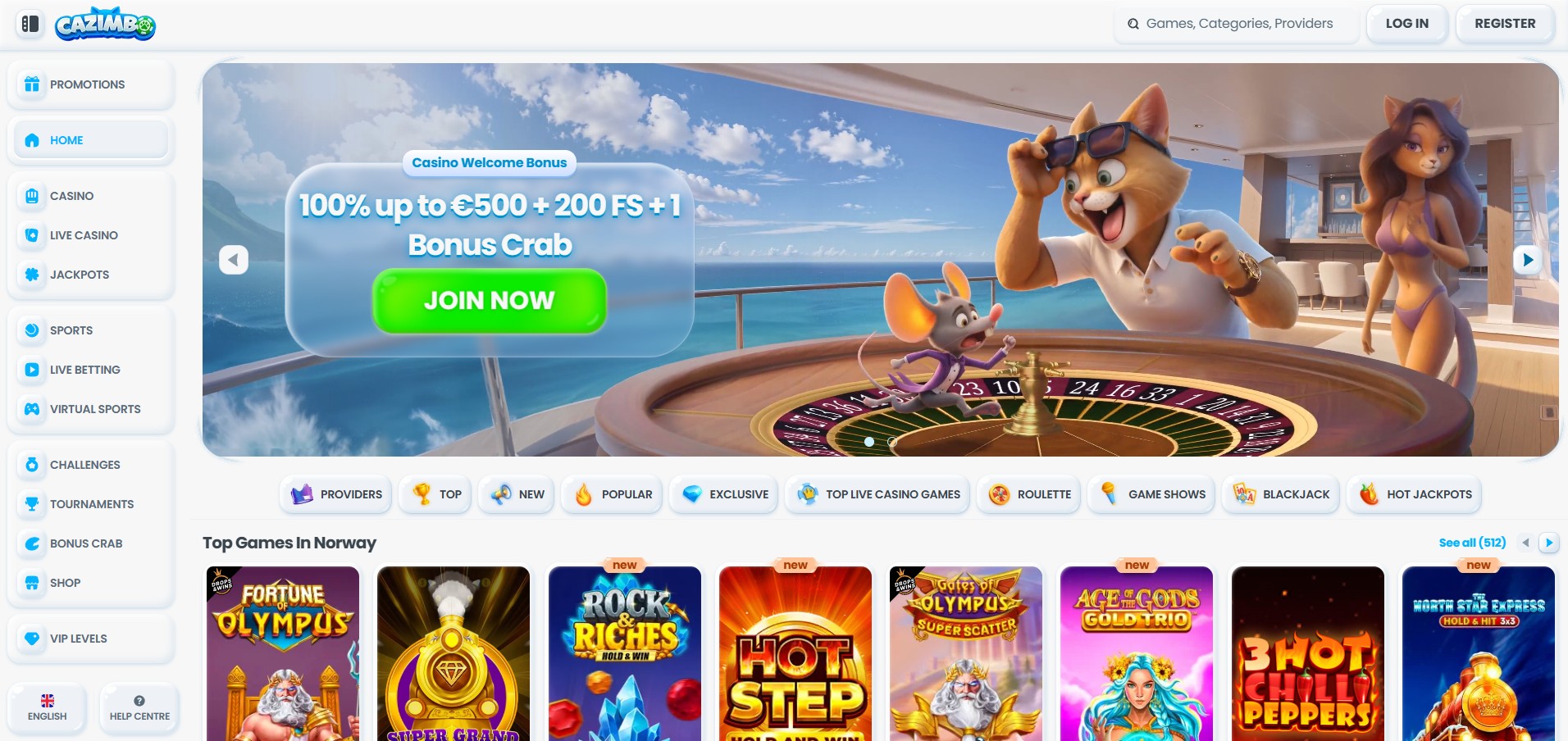 Cazimbo Casino screenshot: Homepage