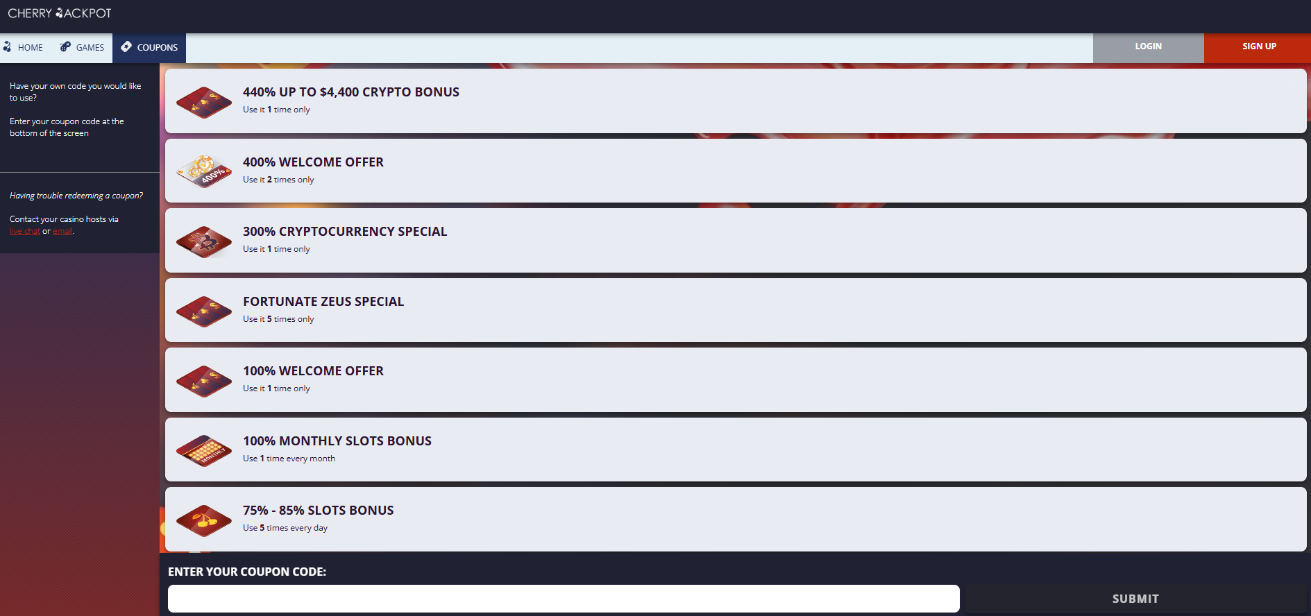 CherryJackpot Casino screenshot: Promotions