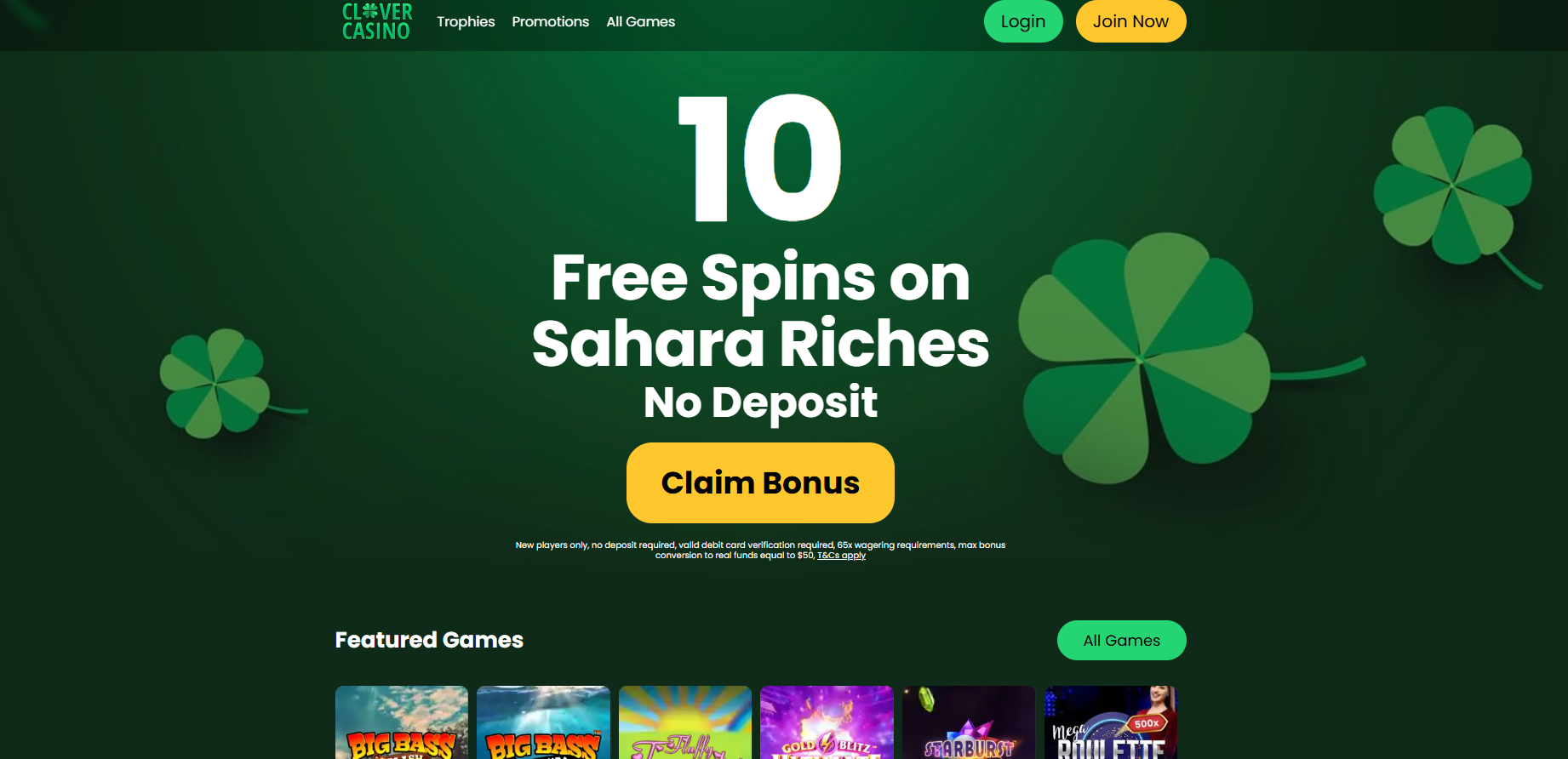 Clover Casino screenshot: Homepage