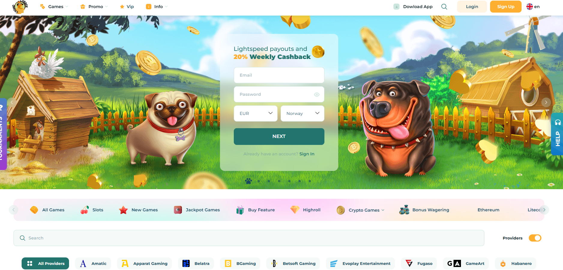 Cobber Casino screenshot: Homepage