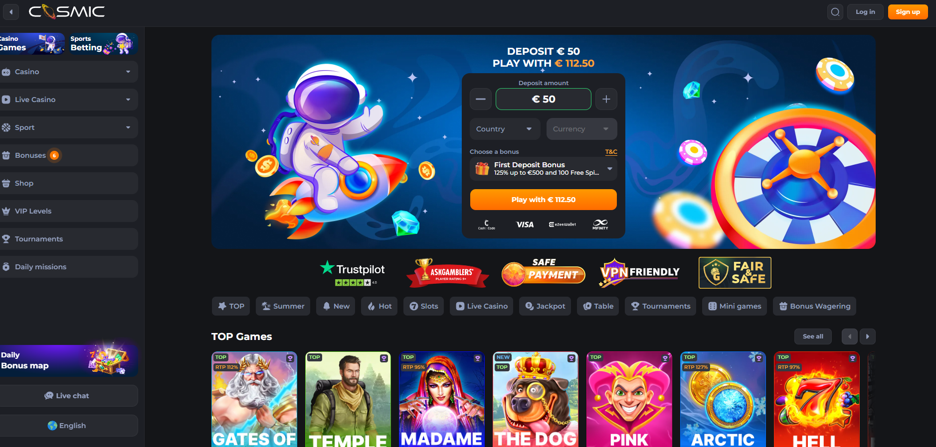 Cosmicslot screenshot: Homepage