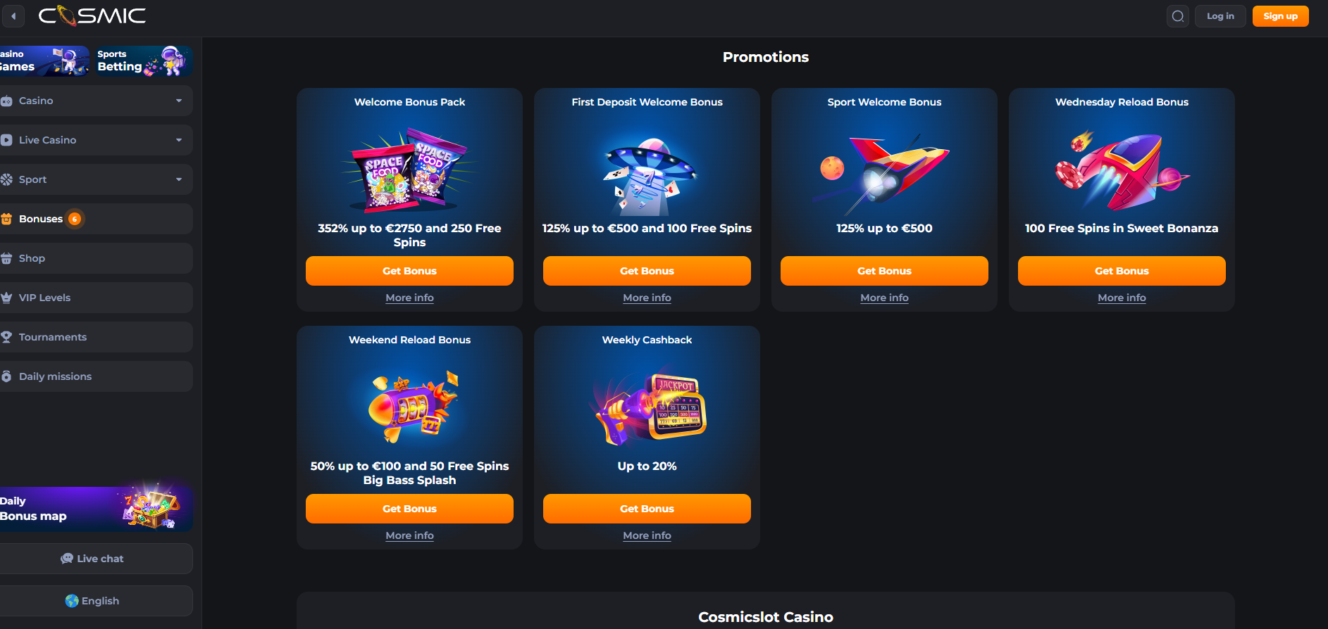 Cosmicslot screenshot: Promotions
