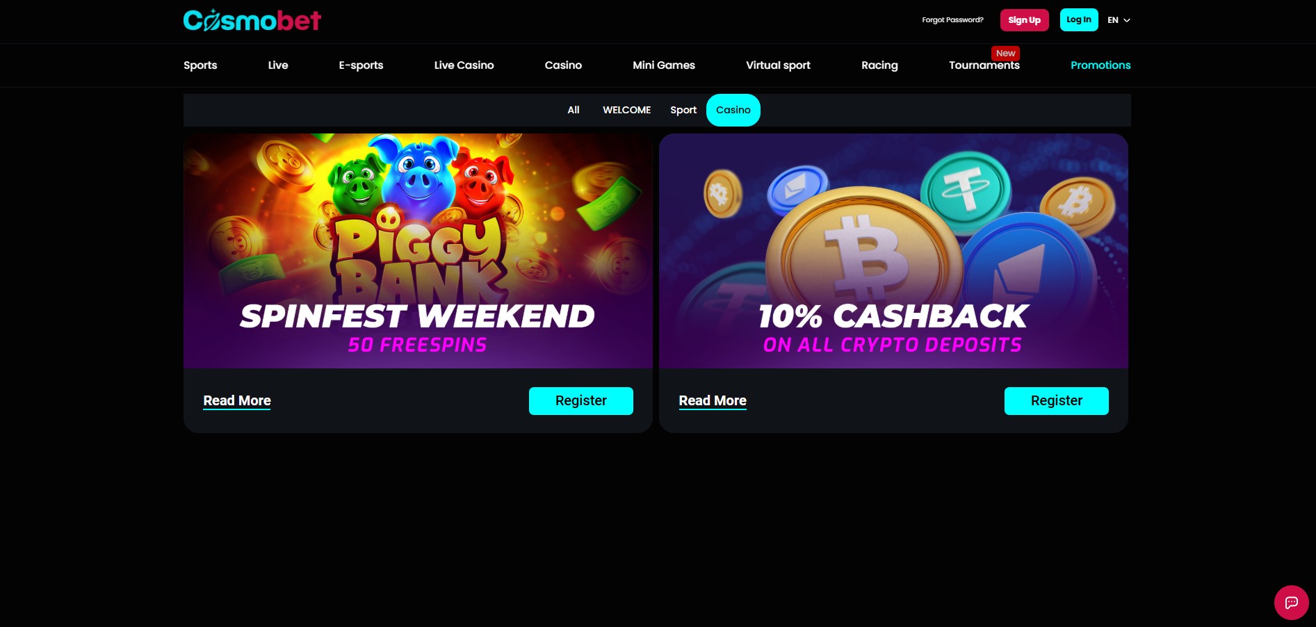 Cosmobet Casino screenshot: Promotions