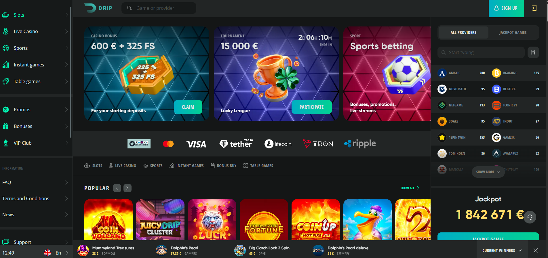 Drip Casino screenshot: Homepage