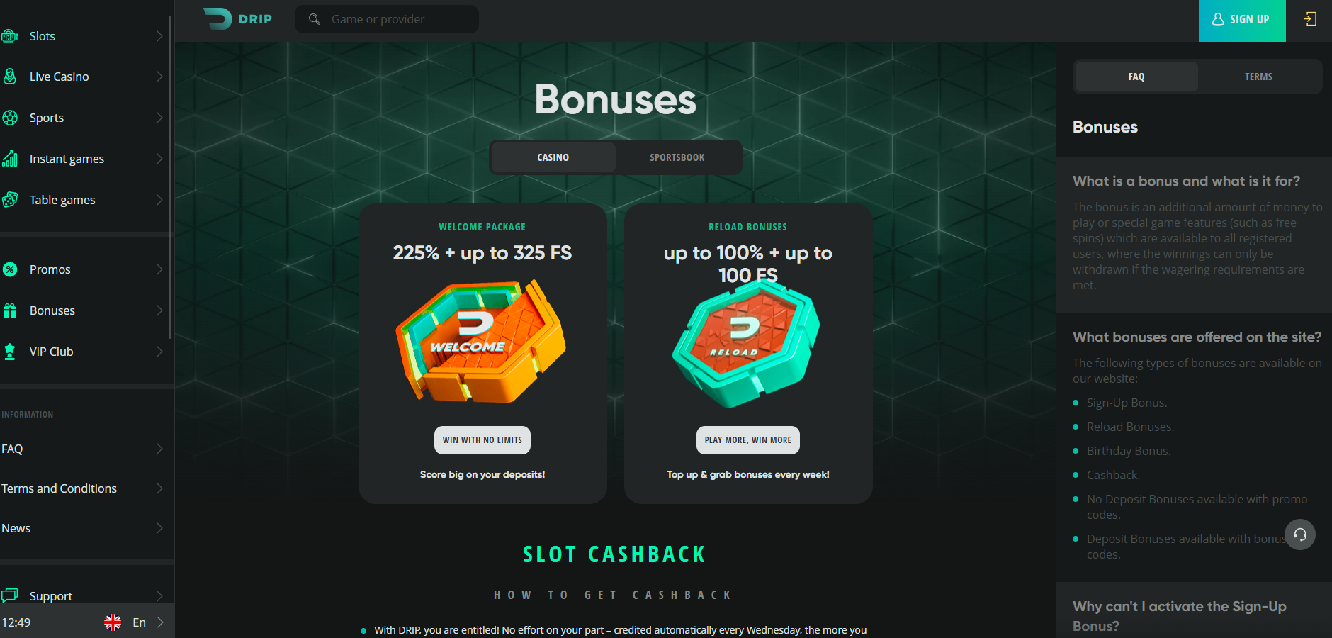 Drip Casino screenshot: Promotions