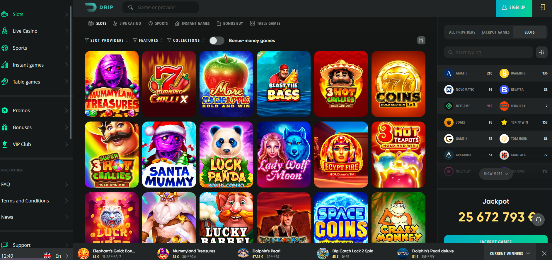 Drip Casino screenshot: Slots