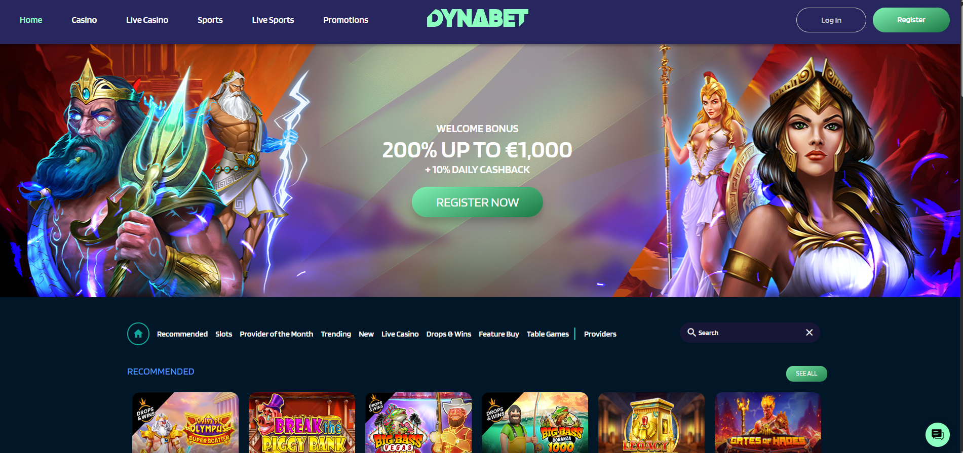 Dynabet screenshot: Homepage