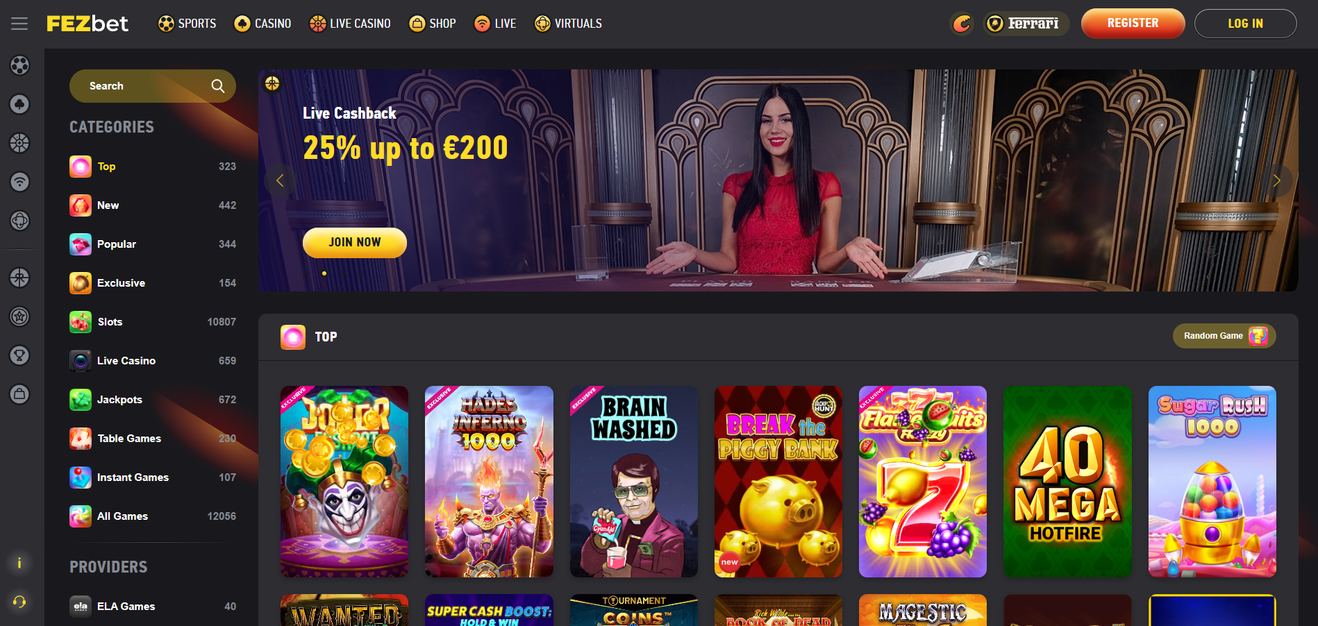 Fezbet Casino screenshot: Homepage