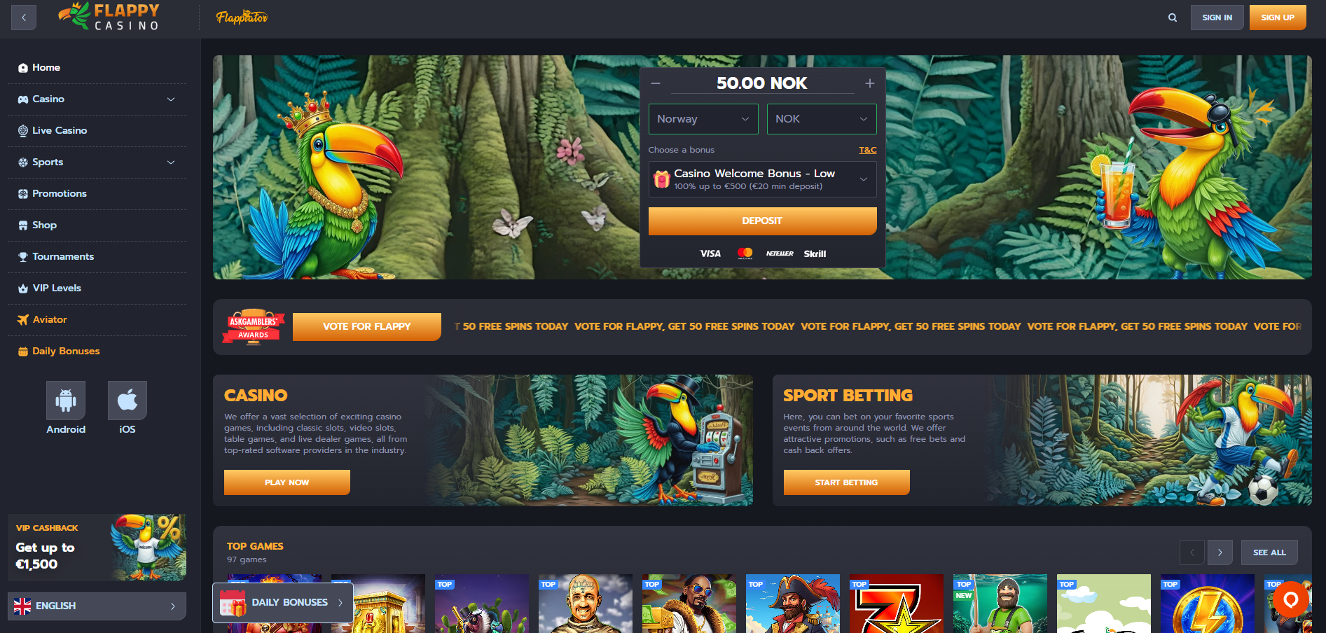Flappycasino screenshot: Homepage