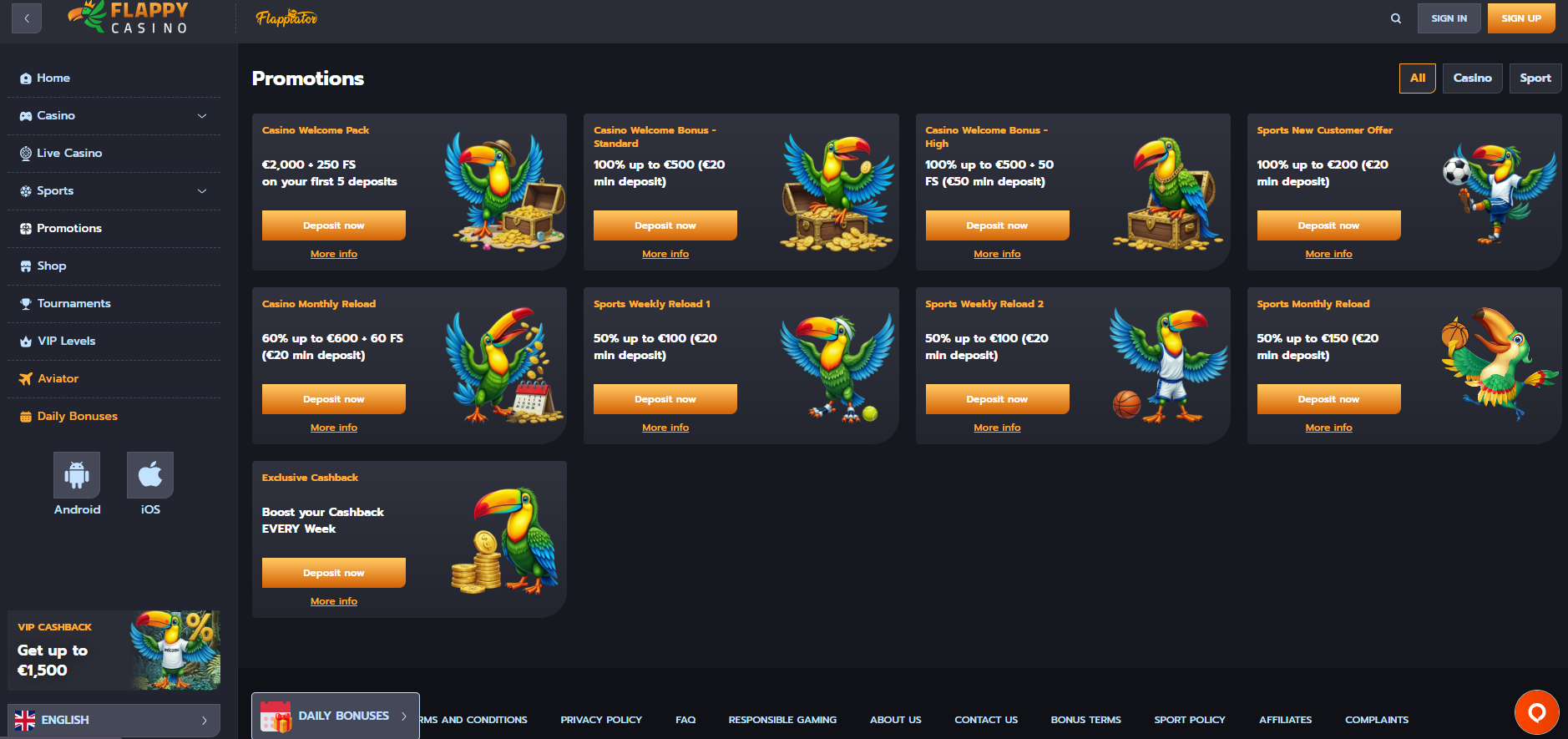 Flappycasino screenshot: Promotions