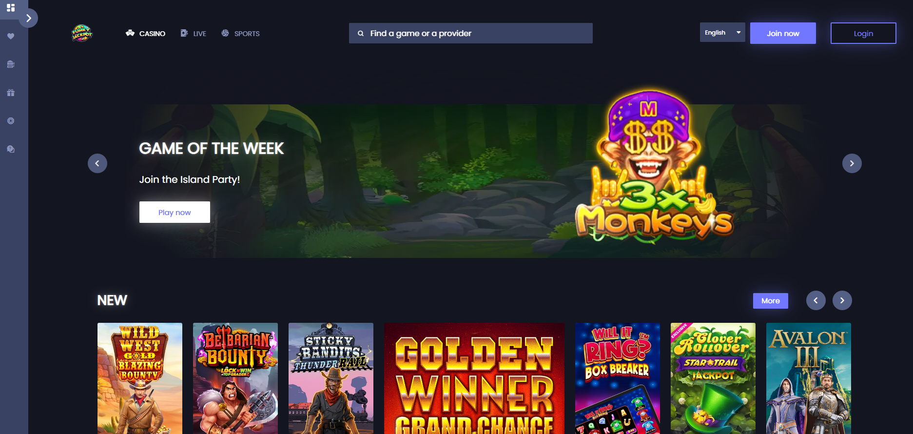 Funky Jackpot screenshot: Homepage