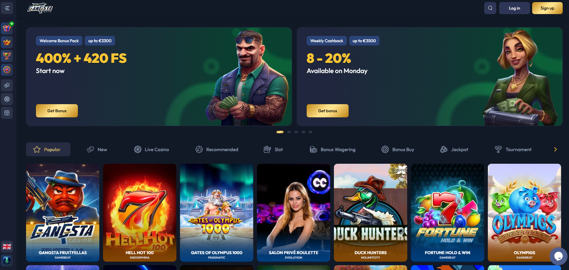 Gangsta Casino screenshot: Homepage